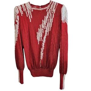 Vintage 80s PACA Silk Sweater Womens Small Red Mod Fuzy Glam Rock Party Retro